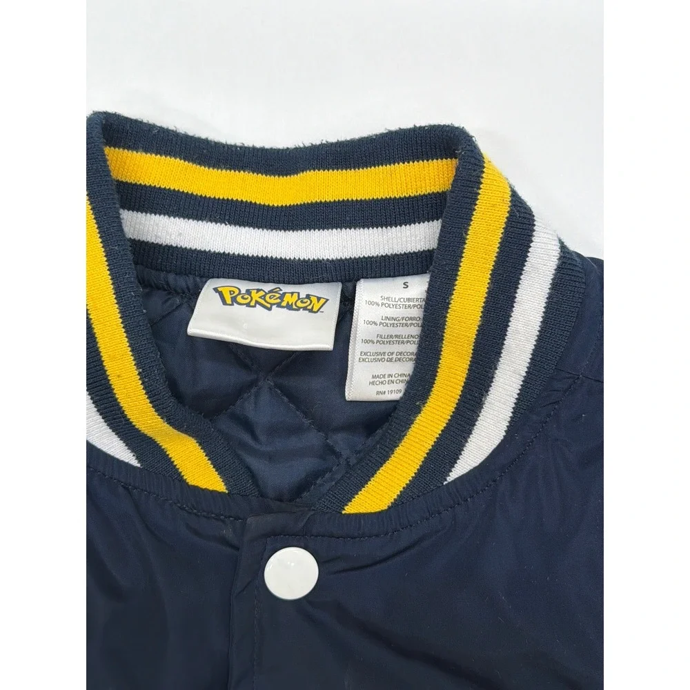 Pokemon‎ Pikachu Kids Varsity Bomber Jacket Navy Blue Snap Front Quilted Small